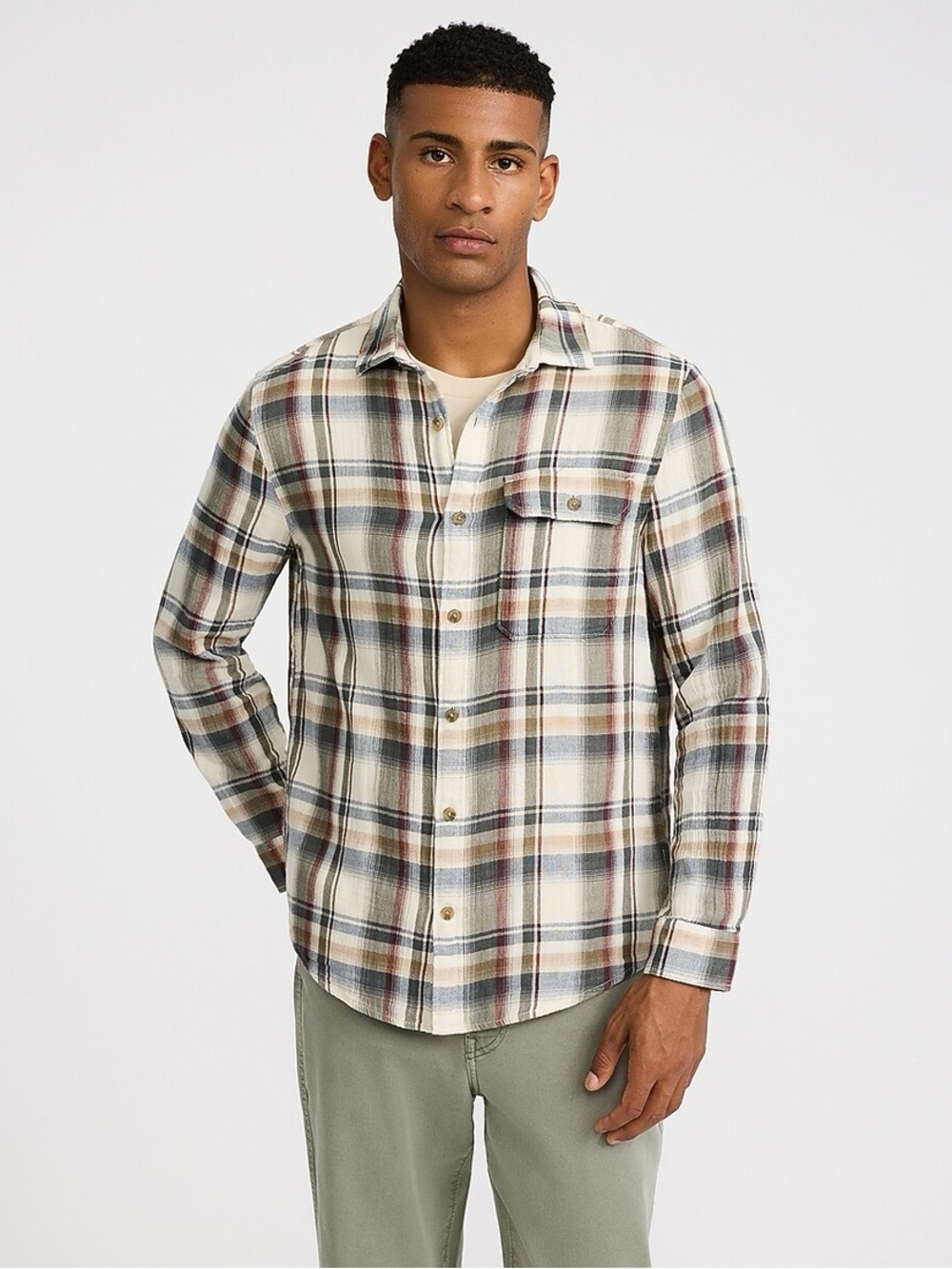 Express Plaid Shirt Jacket in Beige, Brown and Gray